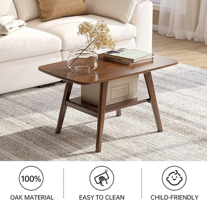 100% Solid Wood Coffee Table for Living Room, 31.5" Small Tables with Shelf Storage, Mid Century Modern Storage Coffee Table with Rounded Corners (Oak Wood Walnut Color)