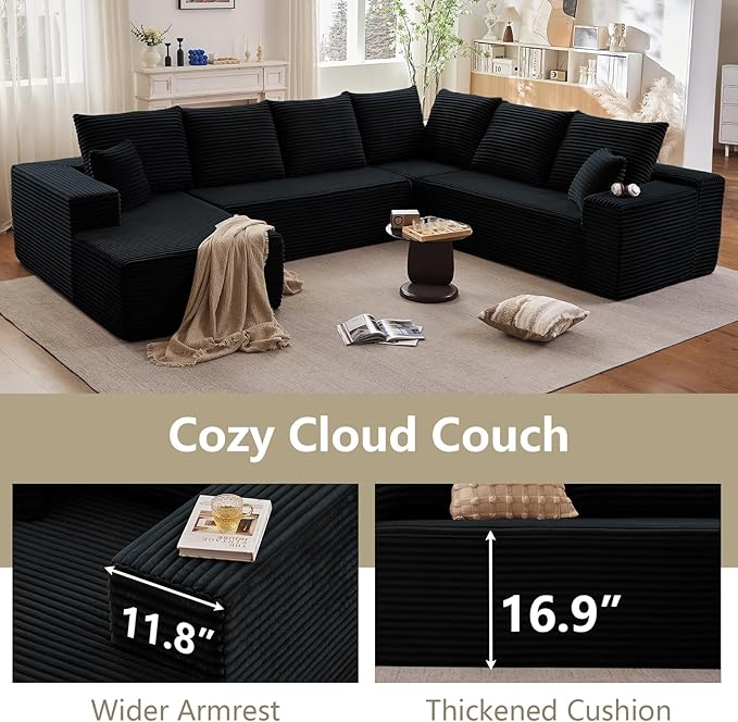 Sectional Cloud Couch with L-Shape Chaise, Upholstered Corduroy Couches Stupendous U Shaped Sofas, Modern Modular Comfy Sofa with Deep Seat for Living Room Bedroom, No Assembly Required, Black