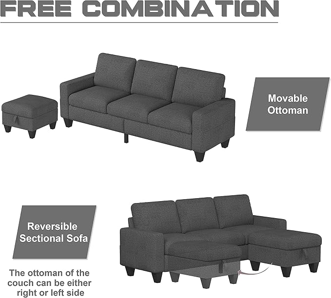 ZeeFu Couch for Living Room - 78'' Beige Linen 3 Seat L-Shaped Sectional Sofa Couches with Storage Ottoman - Modern Small Space Upholstered Furniture Sofa Set for Office Small Space Apartment Bedroom