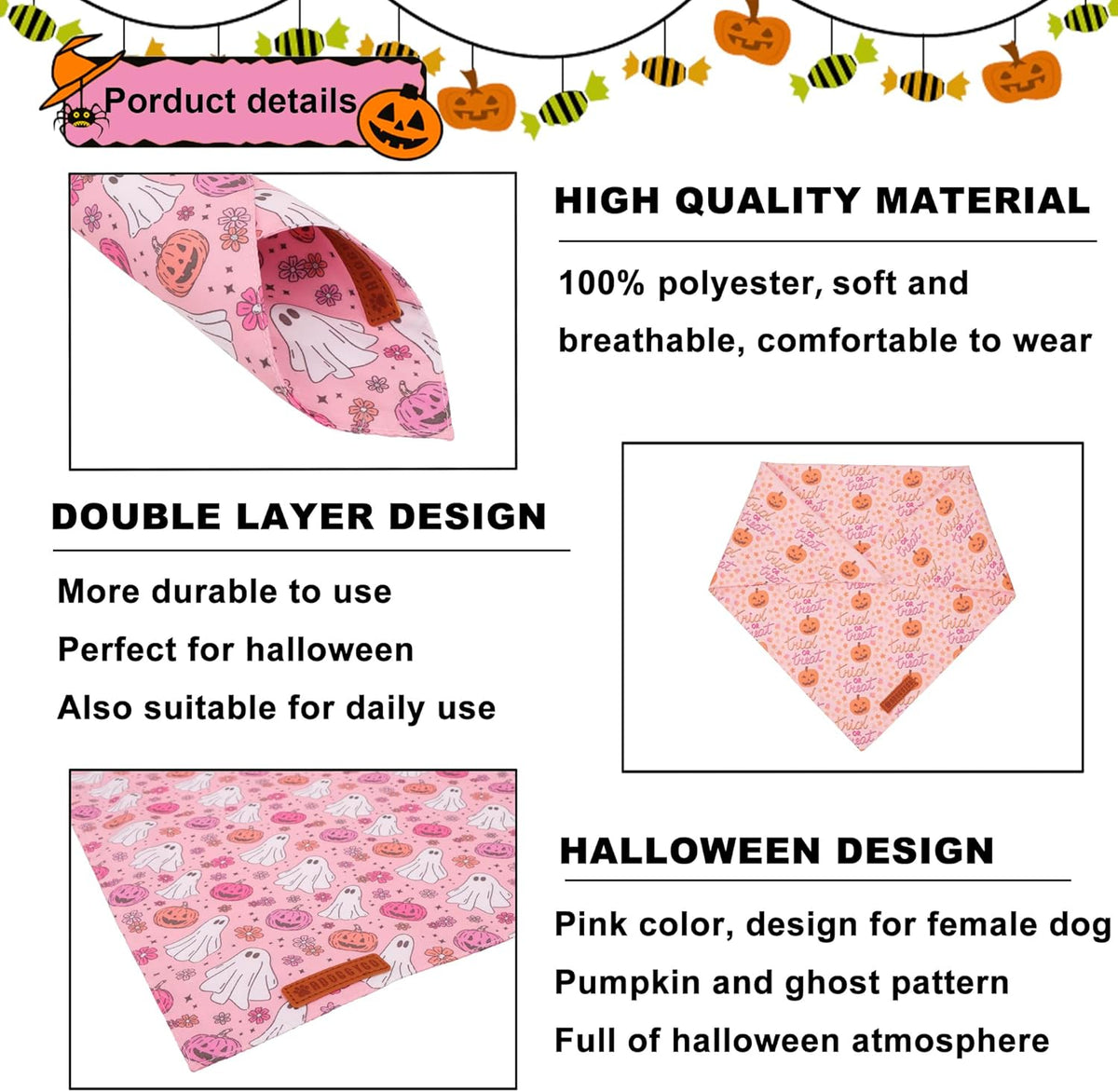 ADOGGYGO Halloween Dog Bandana, Pink Pumpkin Ghost Scarf, Adjustable Fit Female Halloween Bandanas for Small Dogs Puppies (Small)
