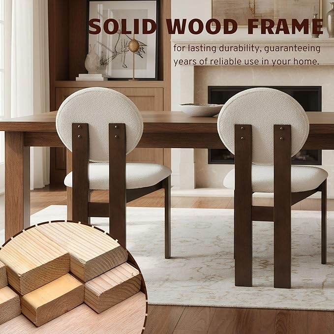 Modern Wood Dining Chairs Set of 4, Farmhouse White Boucle Kitchen Chairs with Round Back and Wooden Walnut Legs, Mid-Century Armless Upholstered Accent Chairs for Dining Room/Living Room/Restaurant