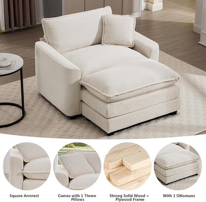 Aoowow Corduroy Large Armchair with Ottoman,Tufted Indoor Chaise Lounge Chair,Oversized Single Sofa Chairs with Footrest,Single Seat Cloud Sofas Couches for Living Room (Beige, Sofa Chair + Ottoman)
