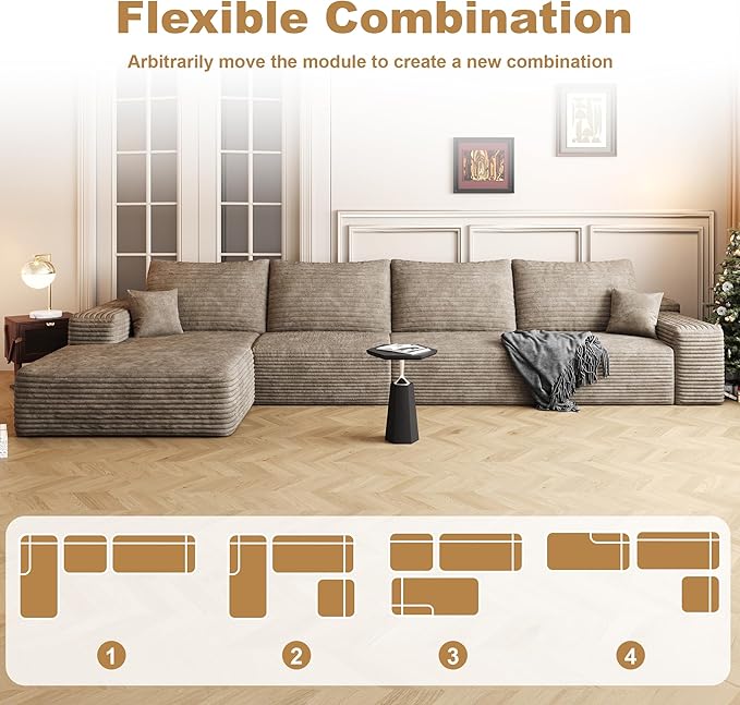 136" Sectional Couches for Living Room Modern Modular Sofa with L-Shape Couchs Upholstered Boneless Couch Deep Seat Sectional Couch with Chaise (Camel, Left Facing Chaise+3Seaters)