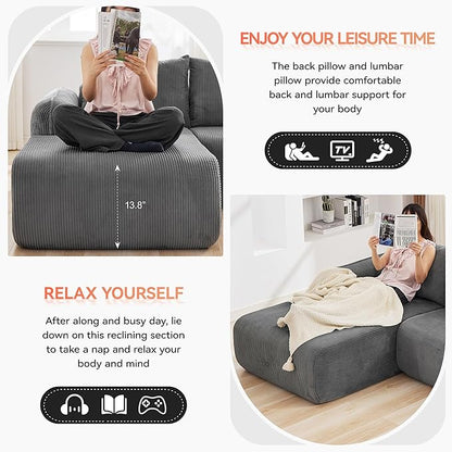 103'' Boneless Corduroy L Shaped Couch, 3 Seat Modular Sectional Deep Seat Sofa with Chaise Lounge, No Assembly Cloud Lounge Sleeper Sofa, Grey