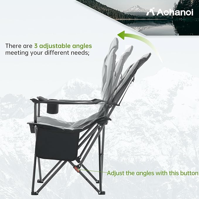 Aohanoi Camping Chairs, Portable Camp Chairs for Heavy People with Adjustable Angled Backrest, Outdoor Folding Camping Chairs for Outside Supports up to 350lbs, Carry Bag Included