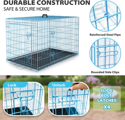 BestPet | Dog Crate | 36" | Blue | Foldable Metal Kennel with Double Doors, Secure Slide-Bolt Latches, Leakproof Tray | Portable Dog Cage for Medium Sized Breeds | for Travel, Indoor & Outdoor Use