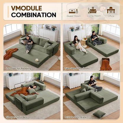 Antetek Convertible Sofa Bed, Comfy Corduroy Fluffy Love seat Sleeper Sofa, 5 in 1 Folding Couch Bed, Fold Out Floor Couch with Pillows for Bedroom, Living Room, Office, Wide Stripes, Green