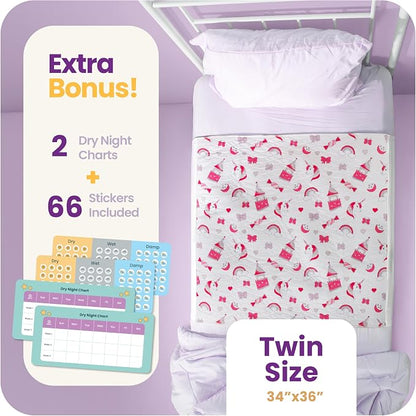 IMPROVIA® Pee Pads for Kids - Bed wetting Pads for Kids Potty Training Bed mats for Toddlers Waterproof Reuseable Washable Absorbent, Non Slip - Unicorn Design - Twin Size 34”x36