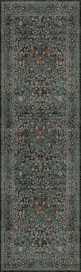 Dark Green 3x10 ft Extra Long Wide Runner Rug for Hallway Non Slip Washable, Large Kitchen Indoor Floor Rugs for Entryway Bathroom Bedroom, Stain Resistant Vintage Floral Carpet