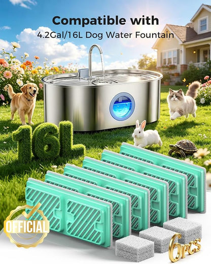 4.2Gal Extra Large Dog Water Fountain, 16L Stainless Steel Pet Water Fountain for Large Dogs, No Spill Dog Water Bowl Dispenser with Deeper Wider Bowl, 68-Cup Water Tank for Multi-Pet(6 Filters)