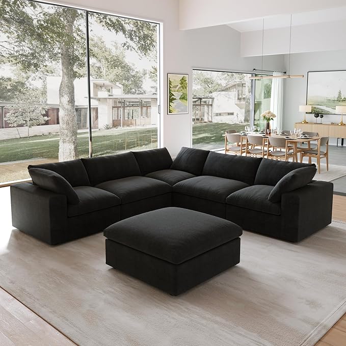 JACH V Shape Couch Sectional for Living Room, Modular Convertible Sofa, Couch Cushion Covers Removable, Cloud Sofas with Chaise Ottoman for Living Room, Bedroom, Apartment (Black)
