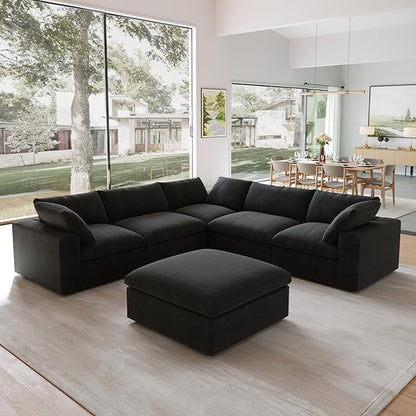 JACH V Shape Couch Sectional for Living Room, Modular Convertible Sofa, Couch Cushion Covers Removable, Cloud Sofas with Chaise Ottoman for Living Room, Bedroom, Apartment (Black)