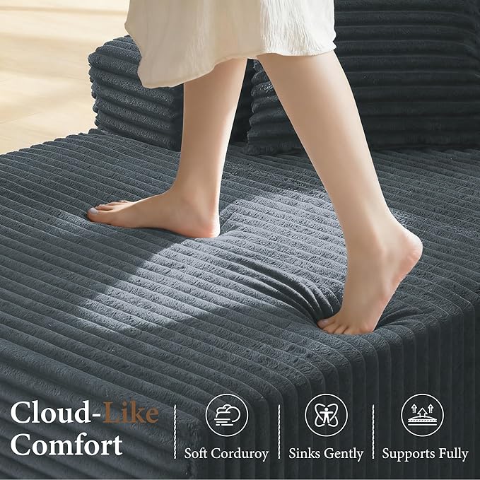 133" Couches for Living Room Deep-Seat Sectional Couch for Living Room Corduroy Boneless Couchs U-Shape Cloud Couch Flexible Modular Sectional Sofa with Chaise Lounge (Dark Gray, with Cup Holder)