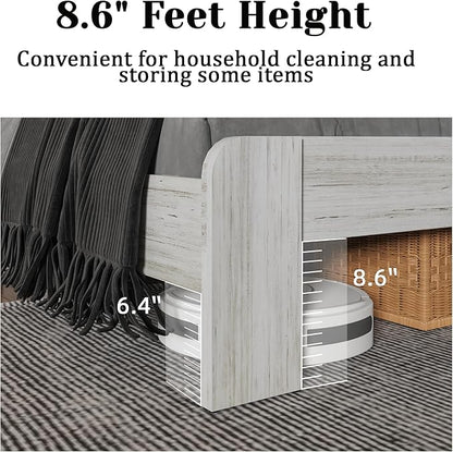 King Size Wooden Bed Frame with Headboard, Boho Platform Bedframe with Wood Slat Support, Sturdy and No Noise, Easy Assembly (Boho White, King)