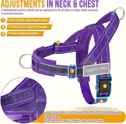 SlowTon No Pull Dog Harness with Front Clip - Heavy Duty, Soft Padded | Neck & Chest Adjustable, Tactical Pet Vest and Leash Set for Large Medium Sized Dogs, for Easy Walk & Training, Purple L