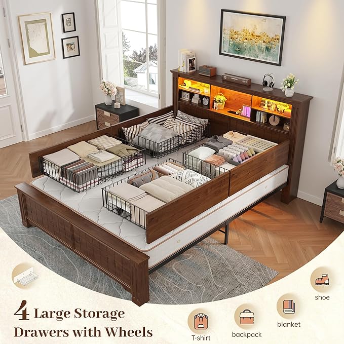 EnHomee Full Size Bed Frame with Headboard, Full Bed Frame with 4 Drawers Charging Port & LED, Farmhouse Bed Full Built in Charging Station,No Box Spring Needed,NO Noise,Vintage Brown