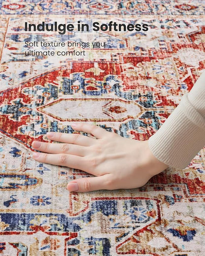 AMADA HOMEFURNISHING 8x10 Washable Area Rug, Low-Profile Large Area Rug with Non-Slip Backing & Durable Edge Binding, Vintage Large Rugs for Living Room, Bedroom, Dinning Room