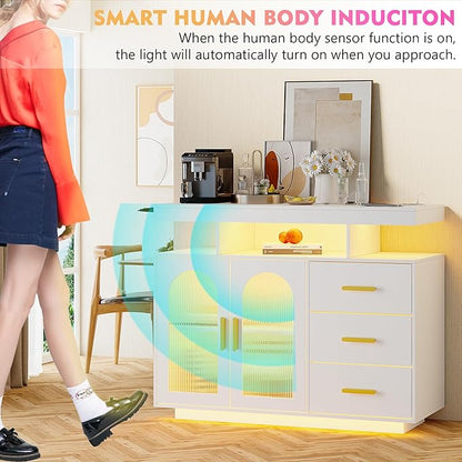 40" LED Buffet Cabinet with Charging Station, Auto Sensor Kitchen Storage
