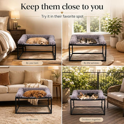 Adjustable Bedside Dog Bed for Small Dogs | Elevated Co-Sleeper Dog Bed with Metal Frame, Thick Supportive Cushion Mattress & Washable Cover, Dog Bedside Sleeper