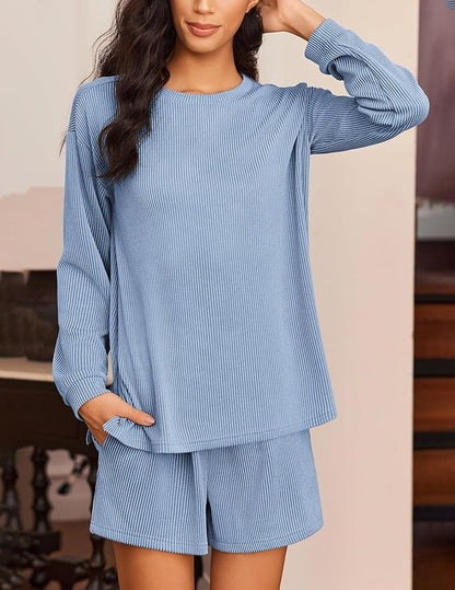 Ekouaer 2 Pieces Lounge Set for Women Long Sleeve Pajamas Top and Shorts Matching Sets Outfits with Pockets