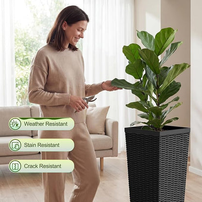 Devoko Resin Tall Planters for Outdoor Plants Set of 2, Large Taper Outdoor Planter Pots with 4 Drainage Holes, Flower Pots Modern Decor for Porch, Patio, Backyard, Home Garden (Black, 30'')