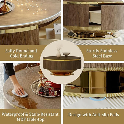 31.5 Inch Coffee Table with 2 Storage Drawers, Vintage Walnut Nesting Coffee Table Set of 2, Mid-Century Round Tea Center Table with Gold Chrome Base for Living Room Apartment