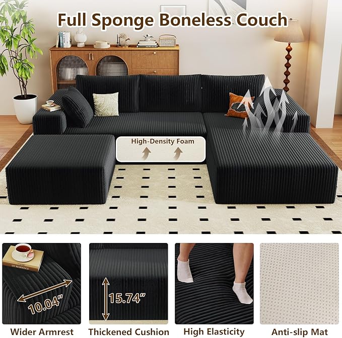 96" U-Shape Cloud Couch, Modern Modular Sectional L-Shape Sofa with Ottoman, Corduroy Upholstered Couches Deep Seat Sleeper Chaise Longue for Living Room, No Assembly Required(Black, Right Facing)