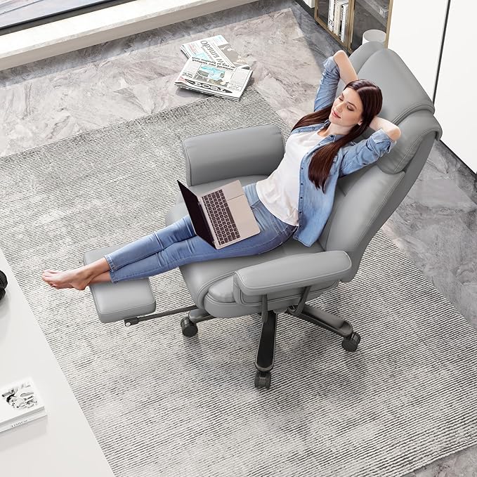 GYI Criss Cross Chair with Wheels, 160°Big and Tall Reclining Office Desk Chair with High Back, Wide Seat, Arms, Footrest, Grey