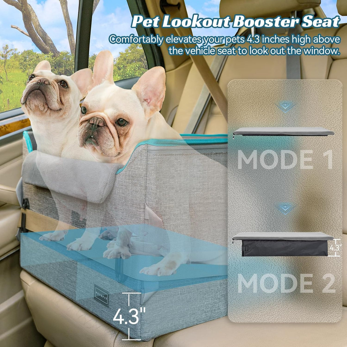 PETSFIT Dog Booster Car Seat for Small/Medium Dogs, Dog Car Seat for Medium Sized Dog with 2 Clip-On Safety Leashes and Patented Buckles, Pet Car Seat with Storage Pockets for Pets Under 45Lbs (Grey)