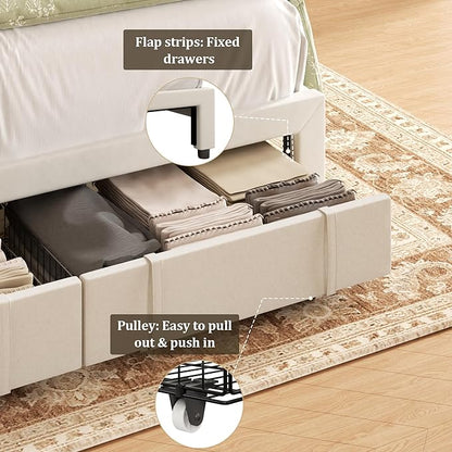 King Bed Frame with Storage Drawers, Upholstered King Size Platform Bed with 47" Tall Headboard and Wingboard, No Box Spring Needed, NO Noise, Easy Assembly, Wooden Support Slats, Beige