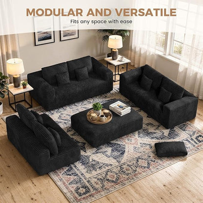 136'' Large Sectional Cloud Couches with Chaise, U Shaped Boneless Sofa Bed with Ottoman, No Assembly Required Deep Seat Modular Lounge for Living Room 4PCS Set, Bedroom(Black)