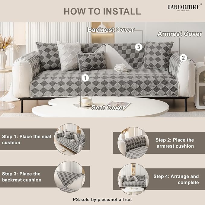 HANDONTIME Non-Slip Pet Couch Cover Washable, Plush Faux Fur Couch Protector for Cushion Pet-Friendly Sofa Covers for Dogs, Checkered Diamond Sectional Covers Dog Mat for Sofa (Grey, 35.6" x 35.6")