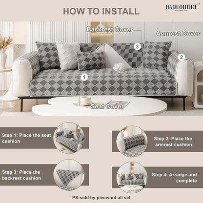 HANDONTIME Non-Slip Pet Couch Cover Washable, Plush Faux Fur Couch Protector for Cushion Pet-Friendly Sofa Covers for Dogs, Checkered Diamond Sectional Covers Dog Mat for Sofa (Grey, 35.6" x 63")