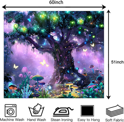 Atrippy Blacklight Fantasy Forest Poster Tapestry for Bedroom, Black Light UV Nature Tree of Life Tapestries Wall Hanging, Magical Mushroom Butterfly Backdrop for Living Room Dorm Decor 51x60 Inches
