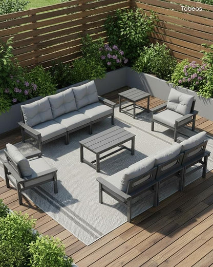 HDPE 10 Piece Outdoor Patio Furniture Set, All-Weather Outdoor Couch Bistro Set with Hick Cushions & Table, Patio Conversation Sets for Lawn, Garden, Porch, Balcony, Deck, Poolside, Grey