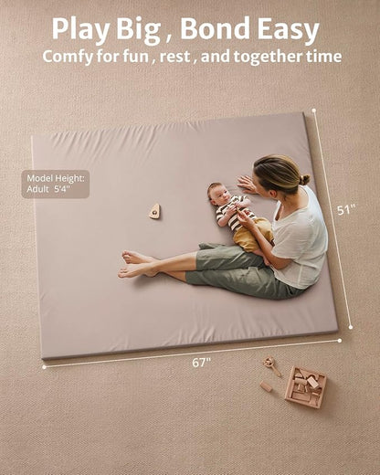 Blissful Diary Vegan Leather Baby Play Mat, Waterproof and Wipe-Clean, 67"x51" Large & Thicken Foam Playmat for Infants and Toddlers, Brown Gray
