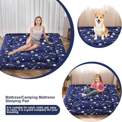 Japanese Floor Mattress,Thicken Japanese Floor Sleeping Pad Foldable,Roll Up Tatami Mat Easy to Store and Portable,Futon Mattress Suitable for Camping and Guest Room (Starry Blue, Full (80" X 47"))