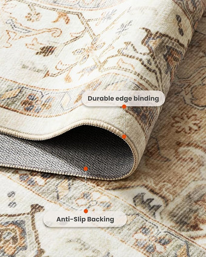 AMADA HOMEFURNISHING 6x9 Area Rugs, Beige Washable Rug Low-Profile with Non-Slip Backing & Durable Edge Binding, Vintage Rugs for Living Room, Bedroom, Dinning Room