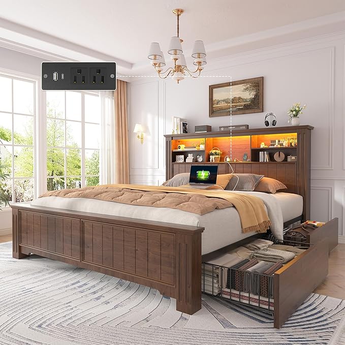 EnHomee Full Size Bed Frame with Headboard, Full Bed Frame with 4 Drawers Charging Port & LED, Farmhouse Bed Full Built in Charging Station,No Box Spring Needed,NO Noise,Vintage Brown