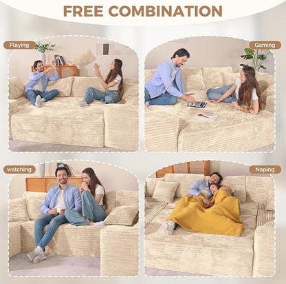 136'' Large Sectional Cloud Couches with Chaise, U Shaped Boneless Loveseat Sofa, No Assembly Required Deep Seat Modular Lounge for Living Room 3PCS Set, Bedroom(Khaki)