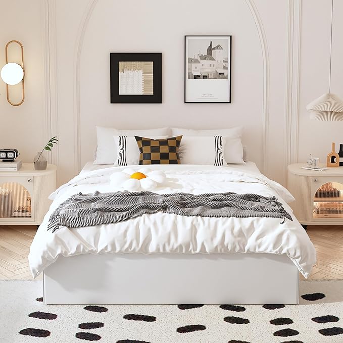 Bed Frame Queen Size with White Fabric Cover 14 Inch, Heavy Duty Metal Queen Bed Frame, No Box Spring Needed, Support Up to 3000 lbs, Easy Assembly, Noise Free, Black