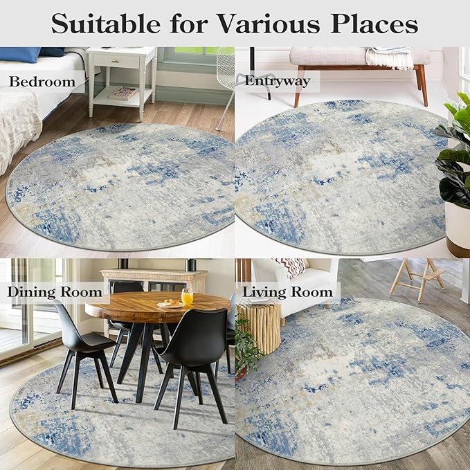 Lahome Modern Abstract Round Rug - 6Ft Large Blue Living Room Rug Washable 6x6 Circle Rugs for Bedroom Dining Room, Contemporary Indoor Office Carpet for Entryway Kitchen Table Home Nursery