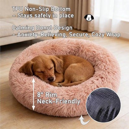 Calming Donut Dog Bed Medium Size Dog - Washable Removable Cover Non-Slip Bottom, Round Pet Bed Cat Bed Warming Fluffy Plush Faux Fur Anti-Anxiety, Fits up to 45 lbs (Blush, 30")