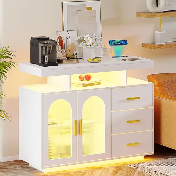 40" LED Buffet Cabinet with Charging Station, Auto Sensor Kitchen Storage