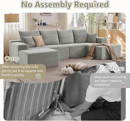135" U-Shape Cloud Couch, Modern Modular Sectional Comfy L-Shape Sofa with Ottoman, Deep Seat, Upholstered Corduroy Sleeper Chaise Longue for Living Room Bedroom, No Assembly Required, Grey