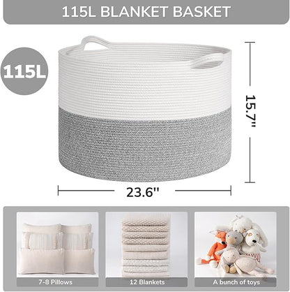 INDRESSME 115L Extra Large Blanket Basket, Soft Cotton Rope Storage Basket for Organizing, Home Decor, Toys, Laundry & Towels, Toy Storage Organizer for Living Room & Nursery, Light Grey