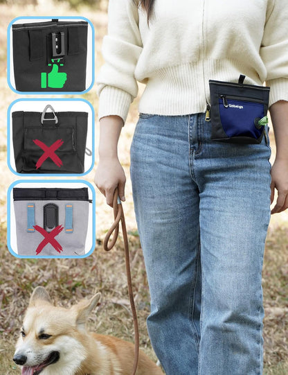 Gobeigo Dog Treat Pouch and Training Clicker, Upgrade Two Magnetic Closure to Prevent Spills, 2 Cup Treat Bag with Poop Bag Dispenser, Metal Clip Waist Belt Fanny Pack for Pet Walk (Black/Blue)