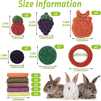Fhiny 27 PCS Natural Bunny Chew Toys Molar Rabbit Toys Contain Timothy Grass Pumpkin Beets Purple Potatoes Carrot Hamster Treats for Chinchillas Guinea Pigs Mice Gerbils Teeth Grinding