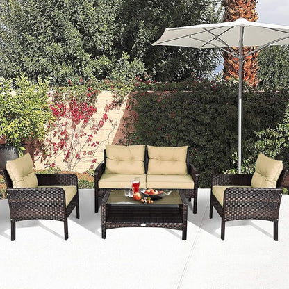 HAPPYGRILL 4-Piece Patio Furniture Outdoor Rattan Wicker Sofa Set with Cushions & Coffee Table with Tempered Glass Table Top and Storage Shelf