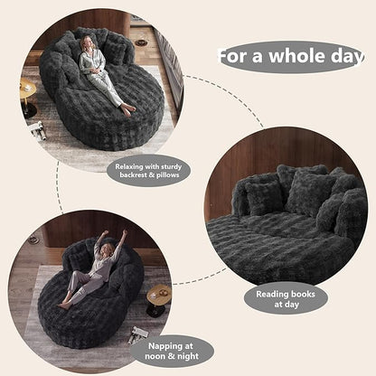 Oversized Chaise Lounge Chair Indoor with Ottoman 55" W x 75" L Round Reading Chair Plush Faux Fur Corduroy Cloud Circle Boneless Chair with 5 Pillows for Living Room - Grey